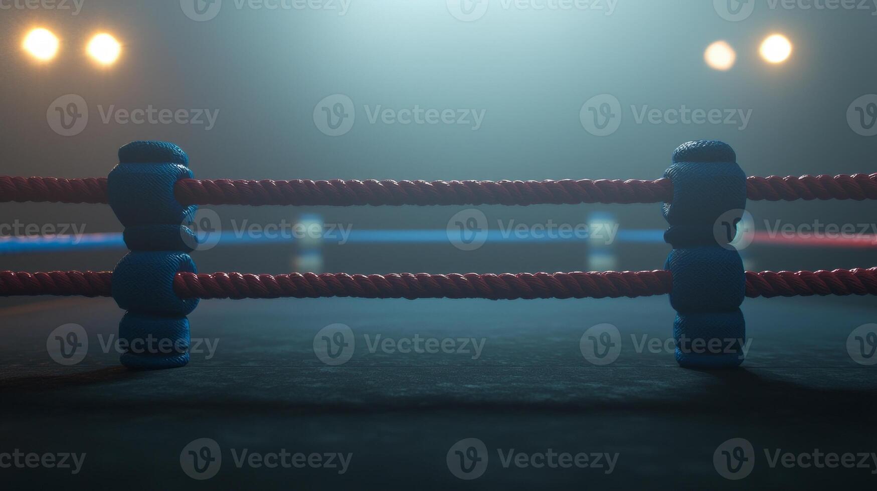 boxing ring is surrounded by ambient lighting showcasing three ropes with two in blue creating a tense atmosphere for an upcoming match. photo