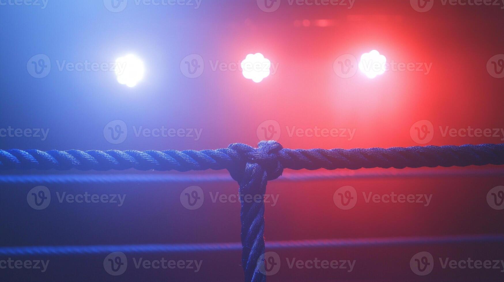 boxing ring features three ropes with two blue ones surrounded by vibrant lighting that creates an electrifying atmosphere for an anticipated fight. photo