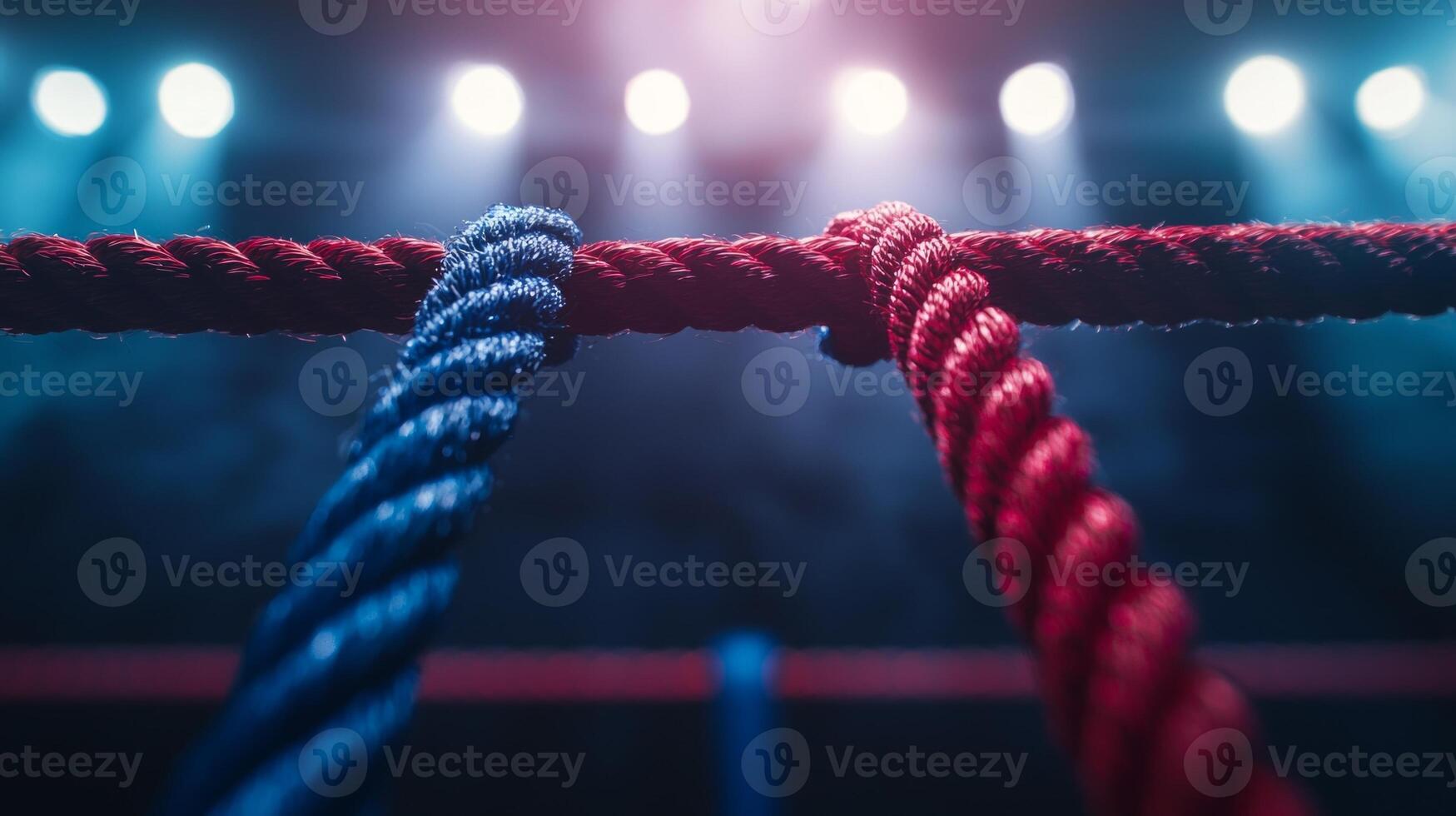 boxing rings three ropes feature two blue ones and one red shining under intense lights creating an exciting atmosphere for the match. Anticipation fills the air. photo