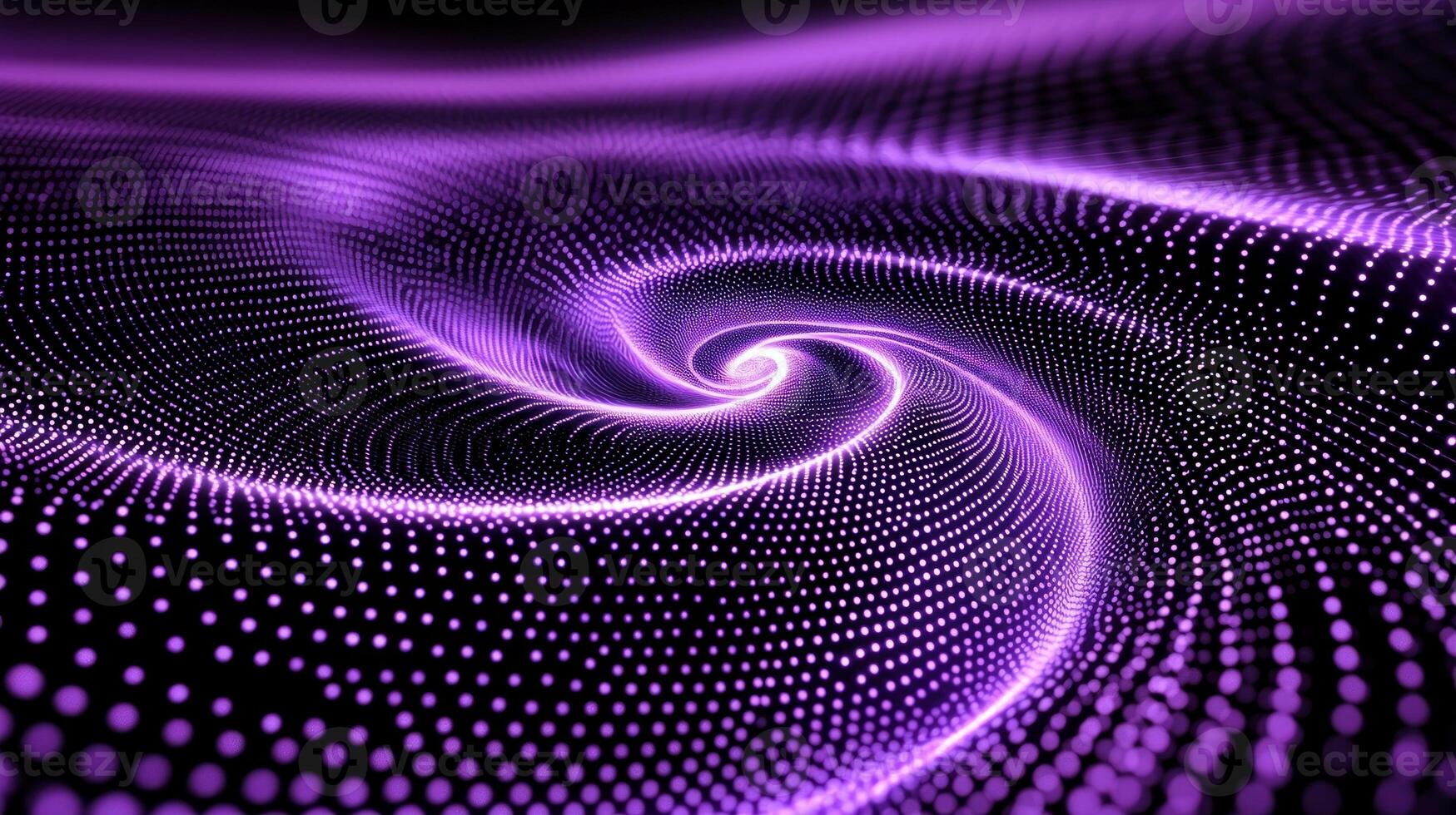 Glowing purple dots scatter elegantly across a dark canvas, forming a mesmerizing spiral. The varying sizes of particles enhance the cosmic allure of this minimalist design. photo