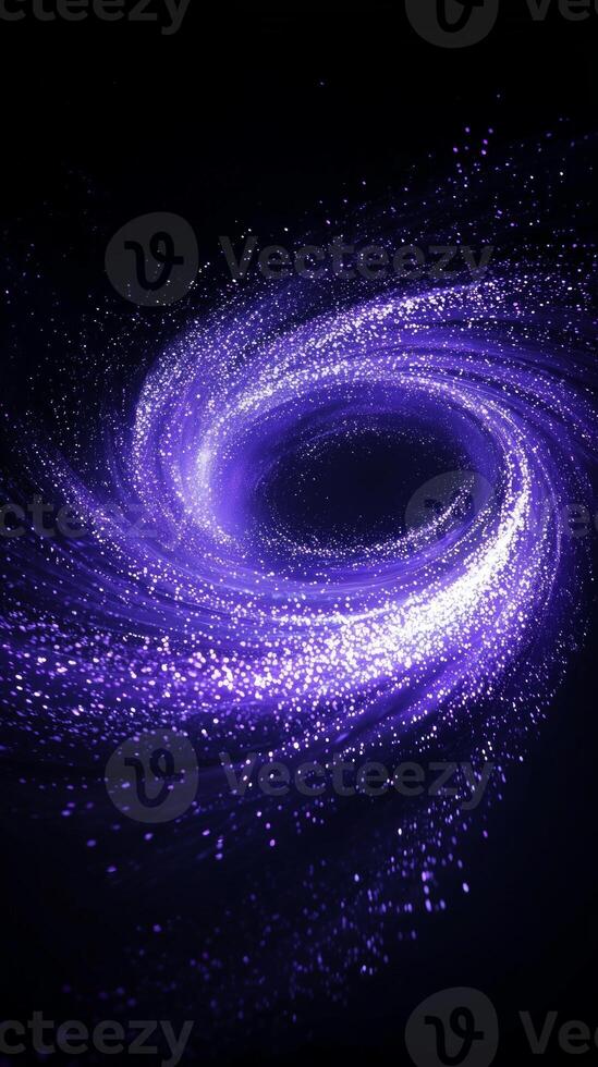Swirling purple particles create an entrancing vortex, emanating cosmic energy that brightens the center against a dark backdrop, inviting exploration of its depths. photo