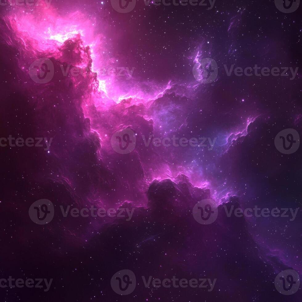 An enchanting display of swirling purple particles forms a mesmerizing nebula, delicately illuminating the black expanse of space. This cosmic art captivates with its ethereal beauty. photo