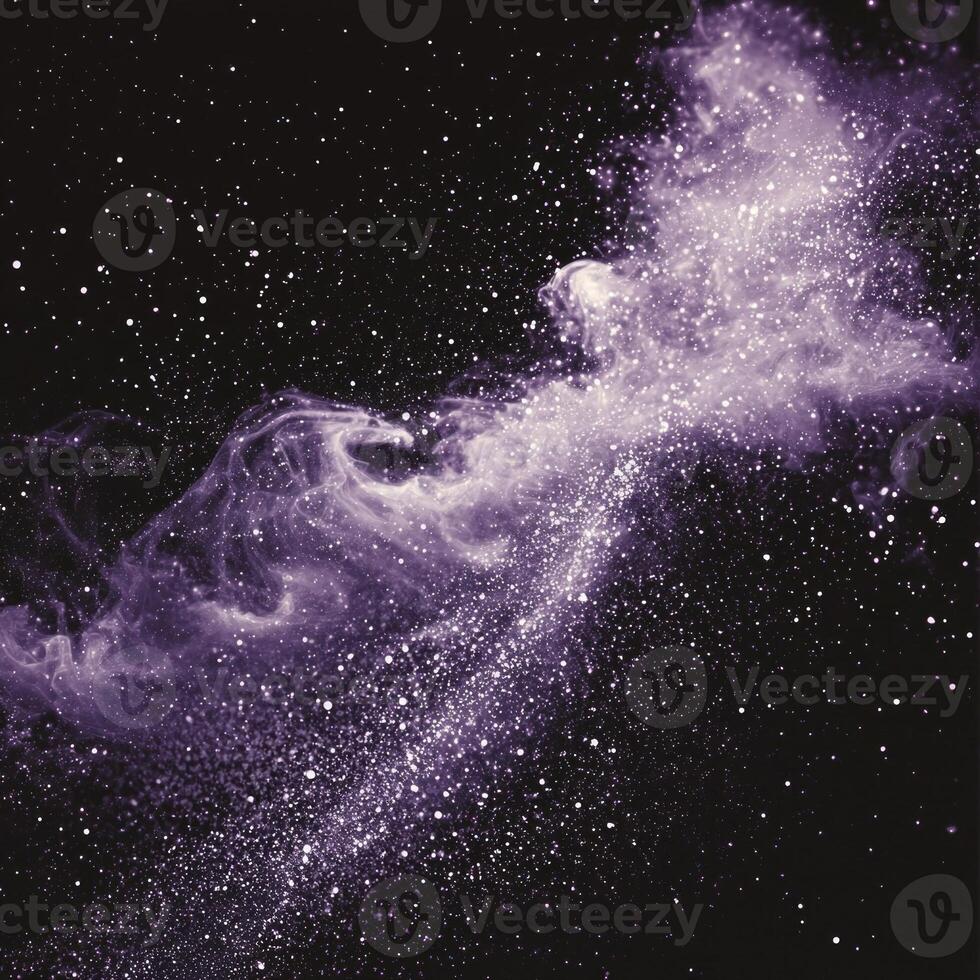 Swirling particles of purple light create an ethereal nebula, glowing softly in the vast darkness of space, evoking a sense of cosmic wonder and dreamlike fluidity. photo