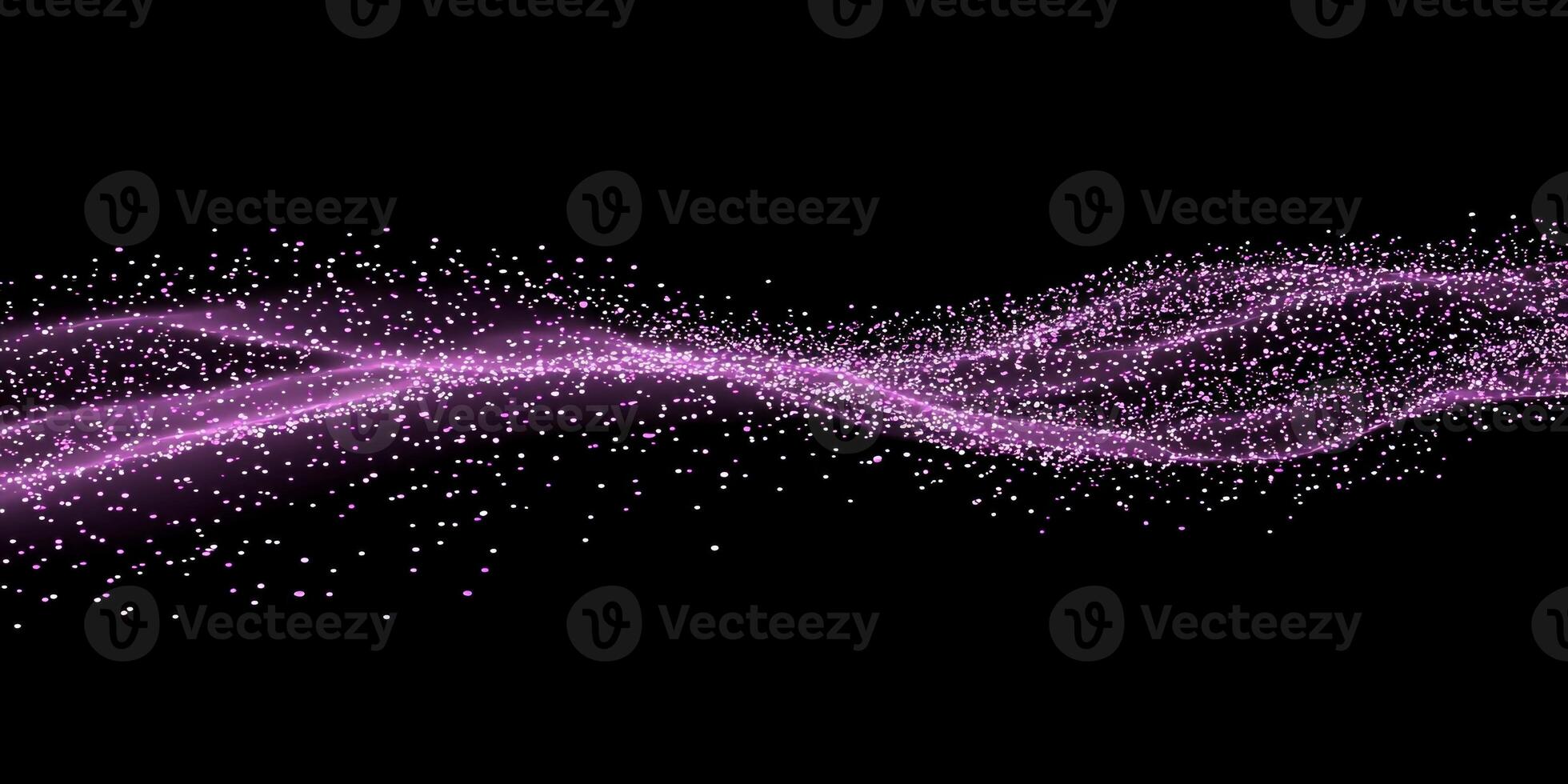 A stunning flow of purple particles clusters into a wave, emitting a soft glow against a deep black backdrop, evoking a sense of movement and ethereal beauty. photo