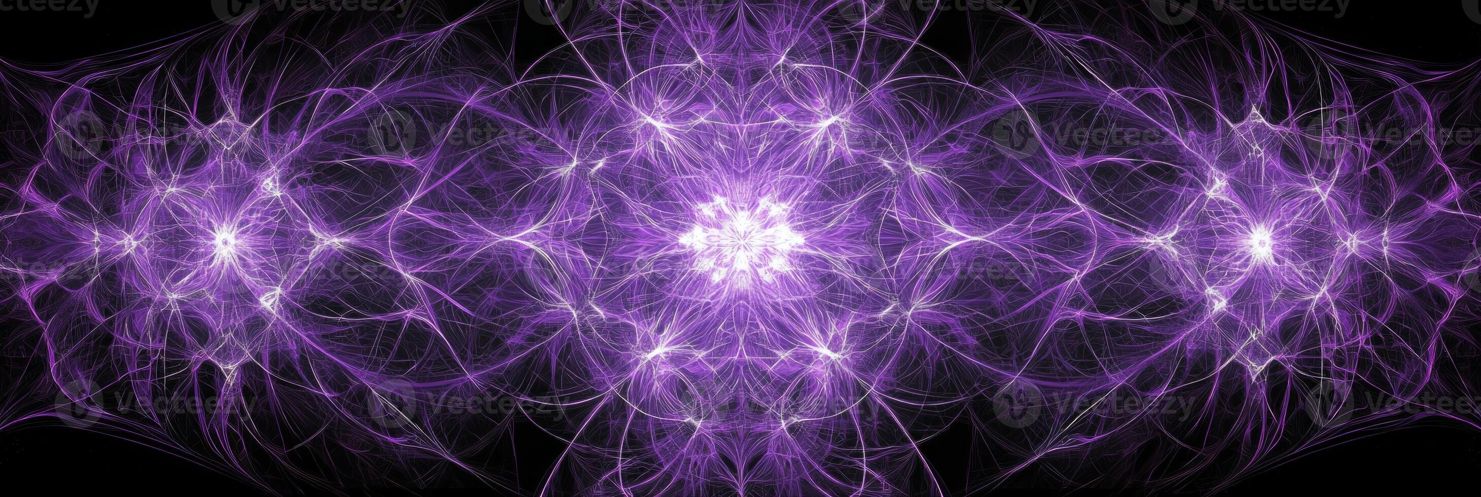 A stunning arrangement of purple particles forms a captivating geometric pattern, all interconnected by luminous lines, set against a stark black background reminiscent of cosmic wonders. photo