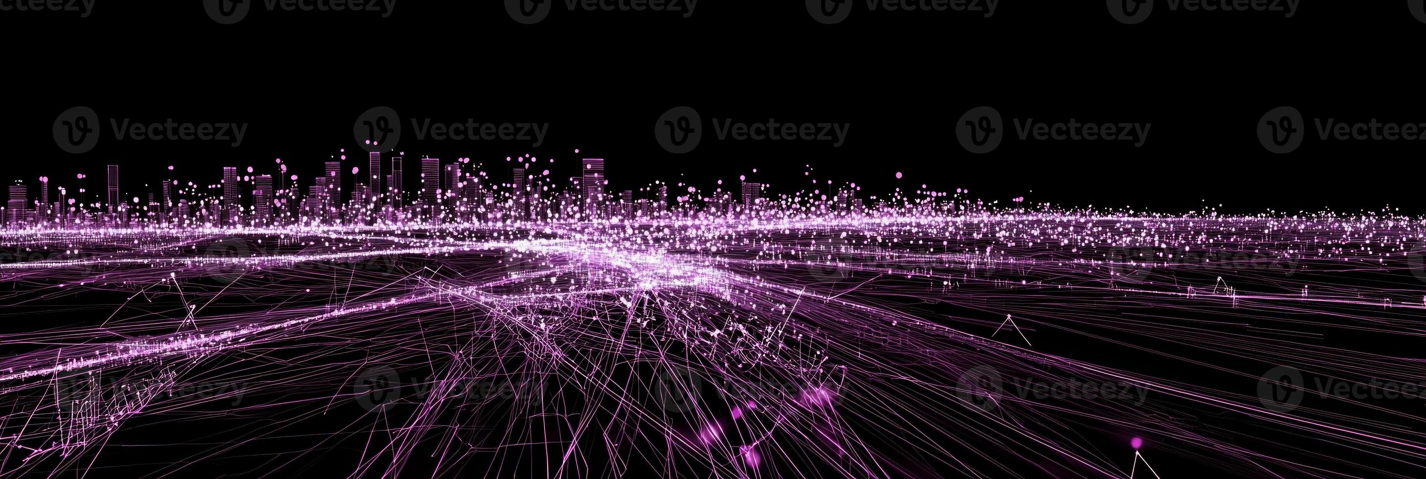 A captivating arrangement of purple particles interconnects through glowing lines, creating an ethereal cosmic pattern against a deep black background, inviting exploration and imagination. photo