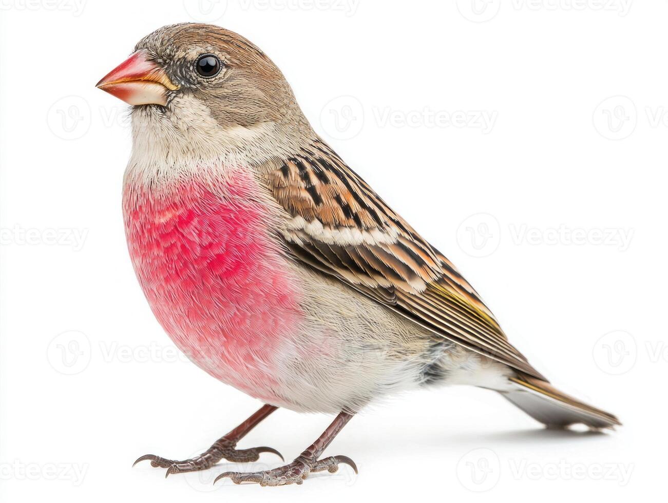 linnet stands proudly, its small body adorned with a striking red chest. This charming bird captures the essence of beauty in nature, alone in a bright, minimalist setting. photo