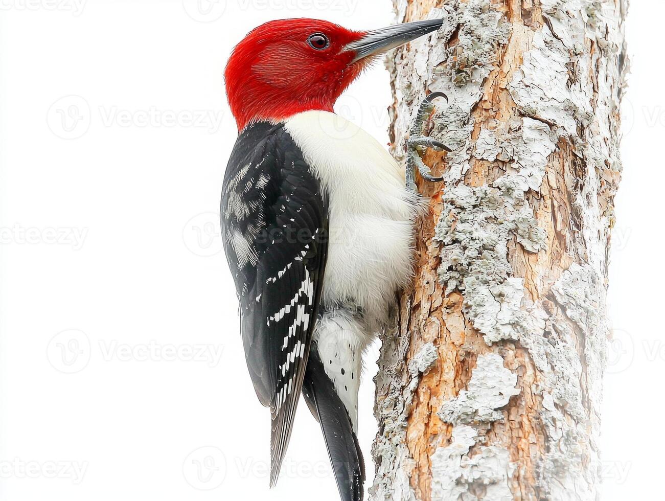 Perched on a rugged tree trunk, a red-headed woodpecker displays its vivid crimson head and striking black and white feathers, contrasting beautifully against a bright backdrop. photo