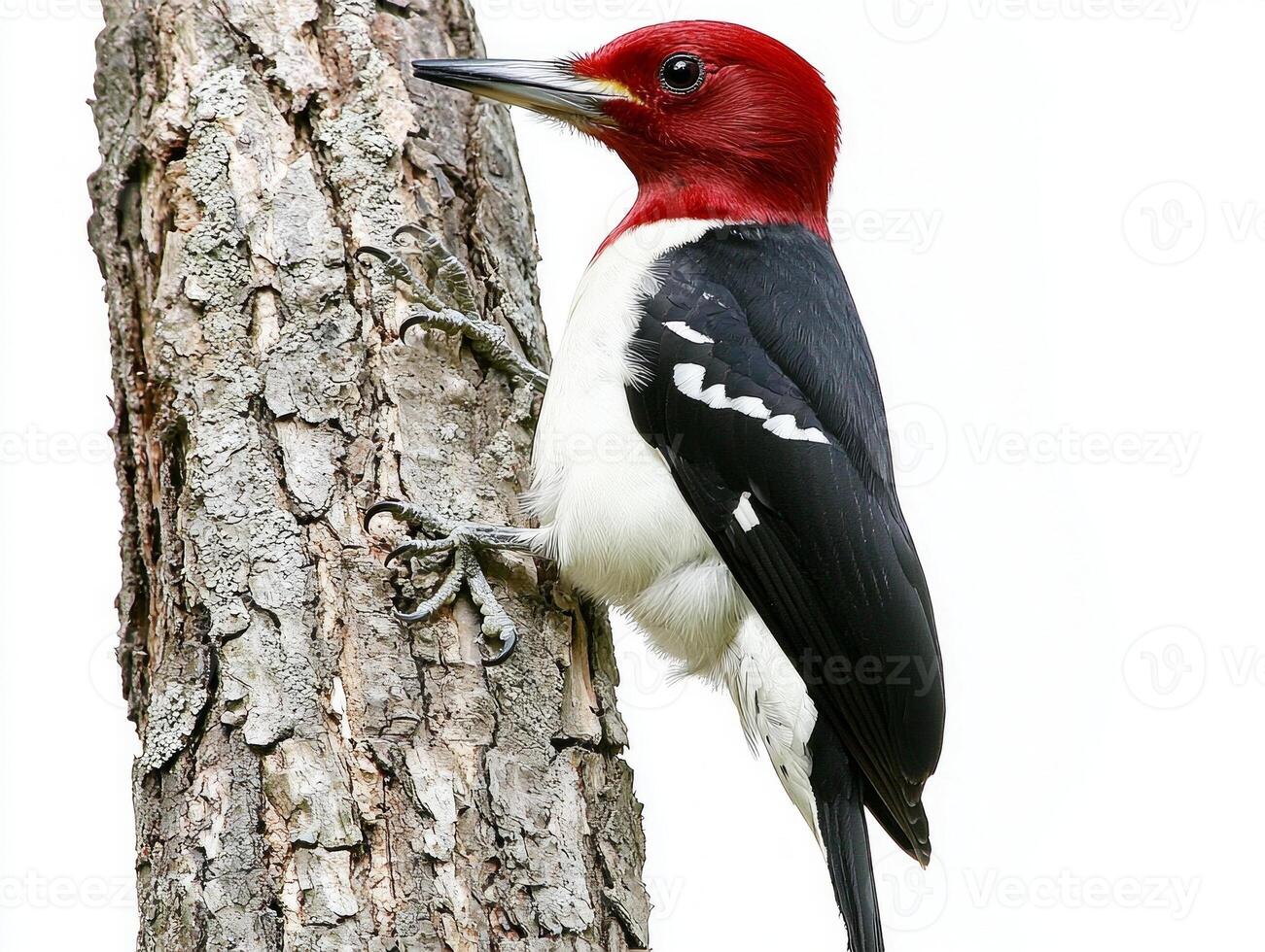 striking red-headed woodpecker climbs a textured tree trunk, showcasing its bright red crown, black wings, and white underparts in sharp contrast against a clean white backdrop. photo