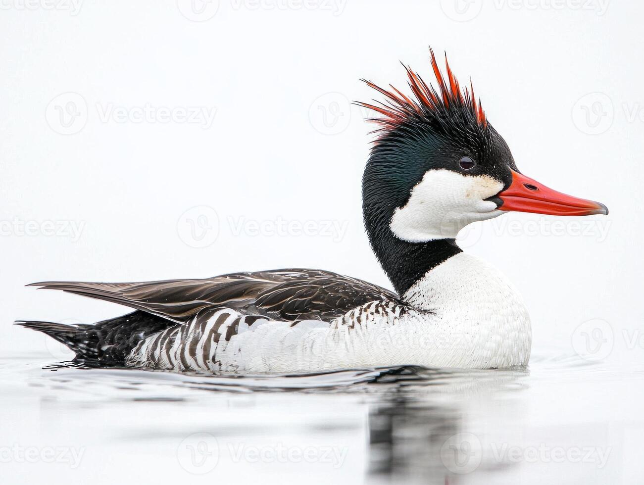red-breasted merganser swims elegantly, its spiky crest raised and bright red beak highlighted against a soft white backdrop, capturing attention with its vivid colors and beauty. photo