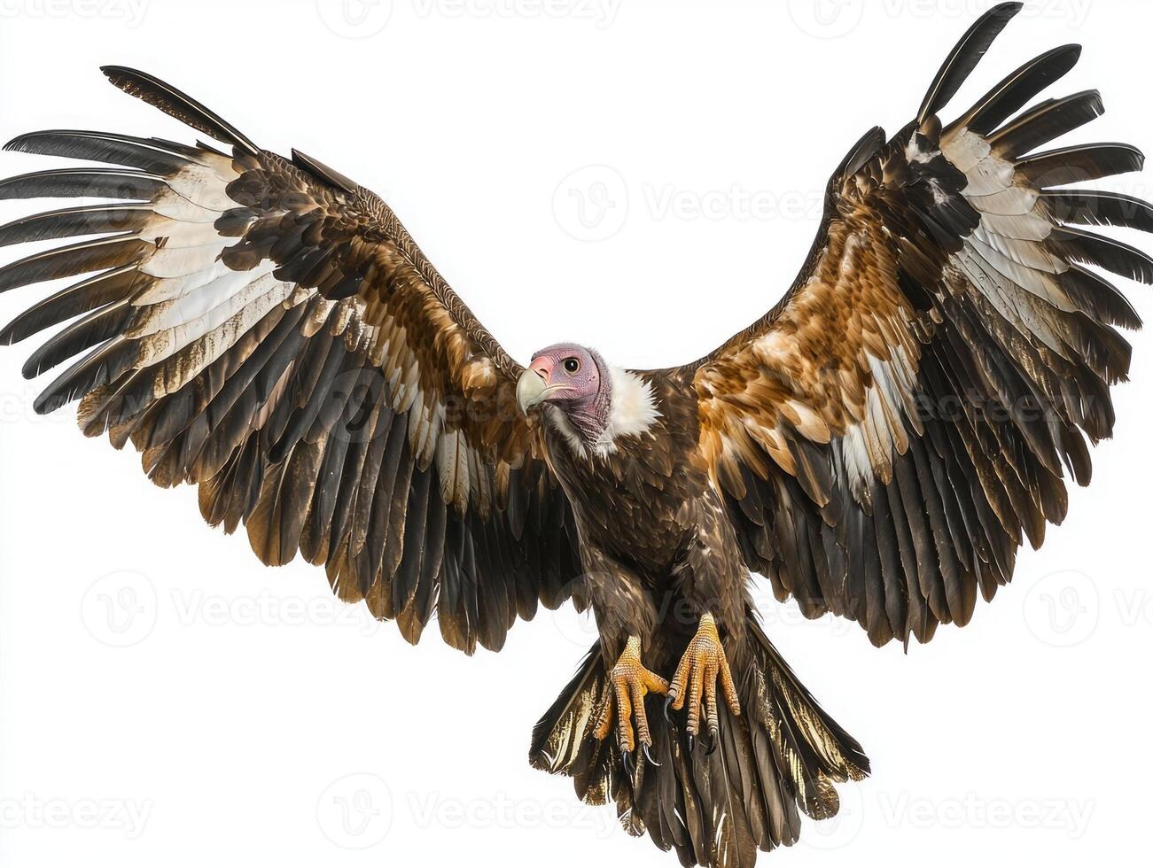 magnificent vulture glides effortlessly through the air, its broad wings fully extended, displaying an impressive wingspan against a clean white background. photo