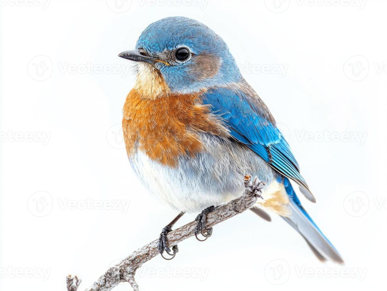 stunning western bluebird rests on a slender twig, displaying its bright blue and orange plumage. The bird's elegant posture highlights its beauty in a minimalist setting. photo