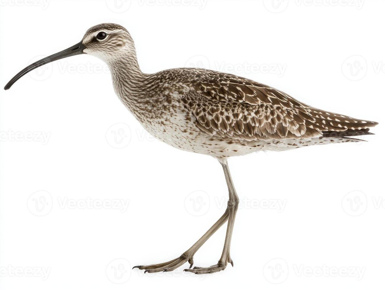elegant whimbrel stands proudly near the water, its long, curved beak perfectly adapted for foraging. The bird's intricate patterns are highlighted against a minimalist background. photo