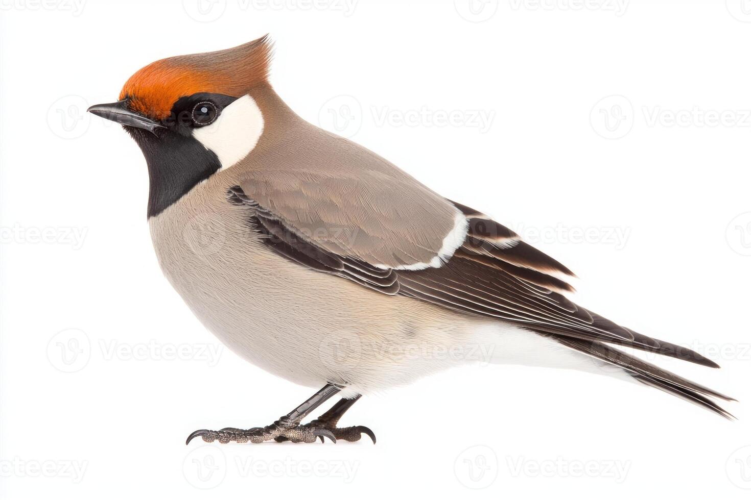 stunning waxwing exudes elegance as it sits with its crest raised high, showcasing its soft feathers and unique coloration against a stark white background. photo