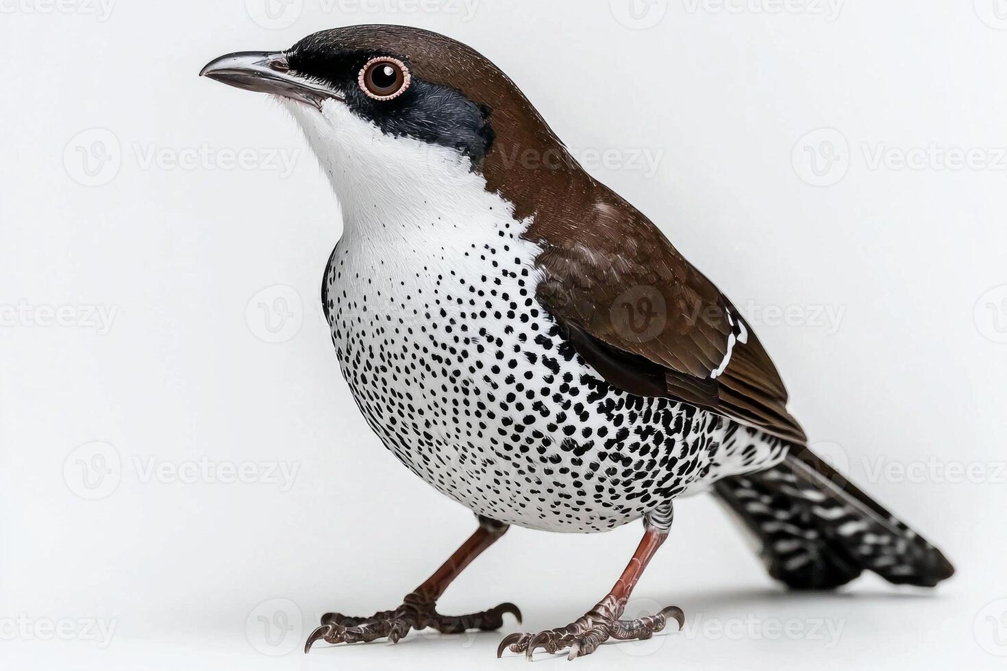 thrush displays a striking combination of speckled brown and white plumage, standing confidently against a clean white backdrop, emphasizing its graceful features. photo
