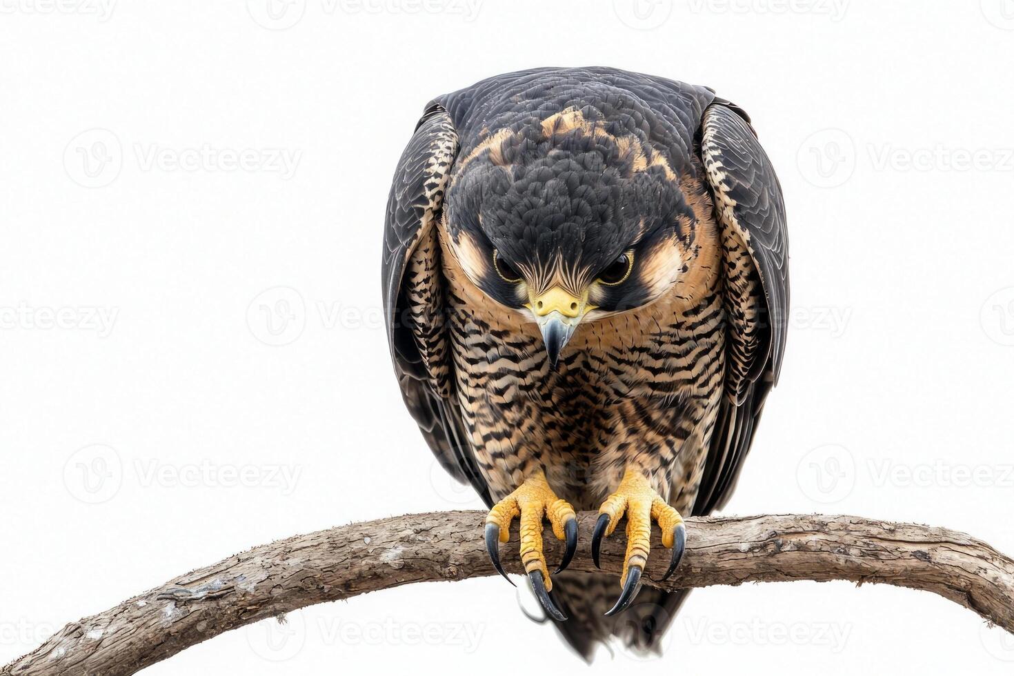 peregrine falcon sits poised on a branch, its sharp talons and powerful hooked beak ready for action. The bird's striking features contrast vividly with the white background. photo