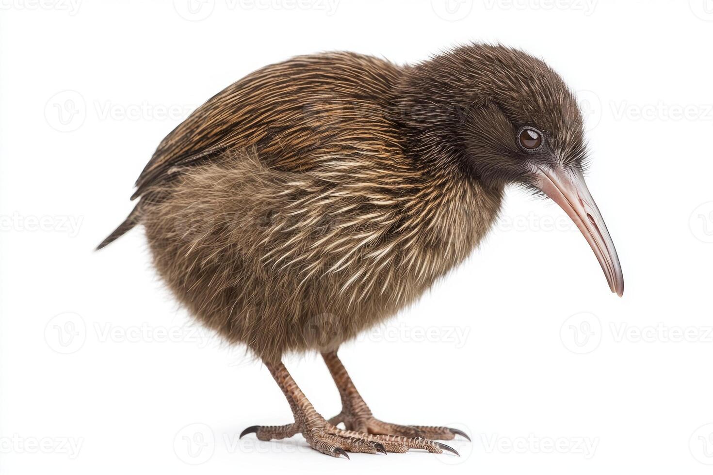 kiwi bird is displayed in a captivating pose, highlighting its distinct features such as the elongated beak and short wings, all contrasted against a clean white setting. photo