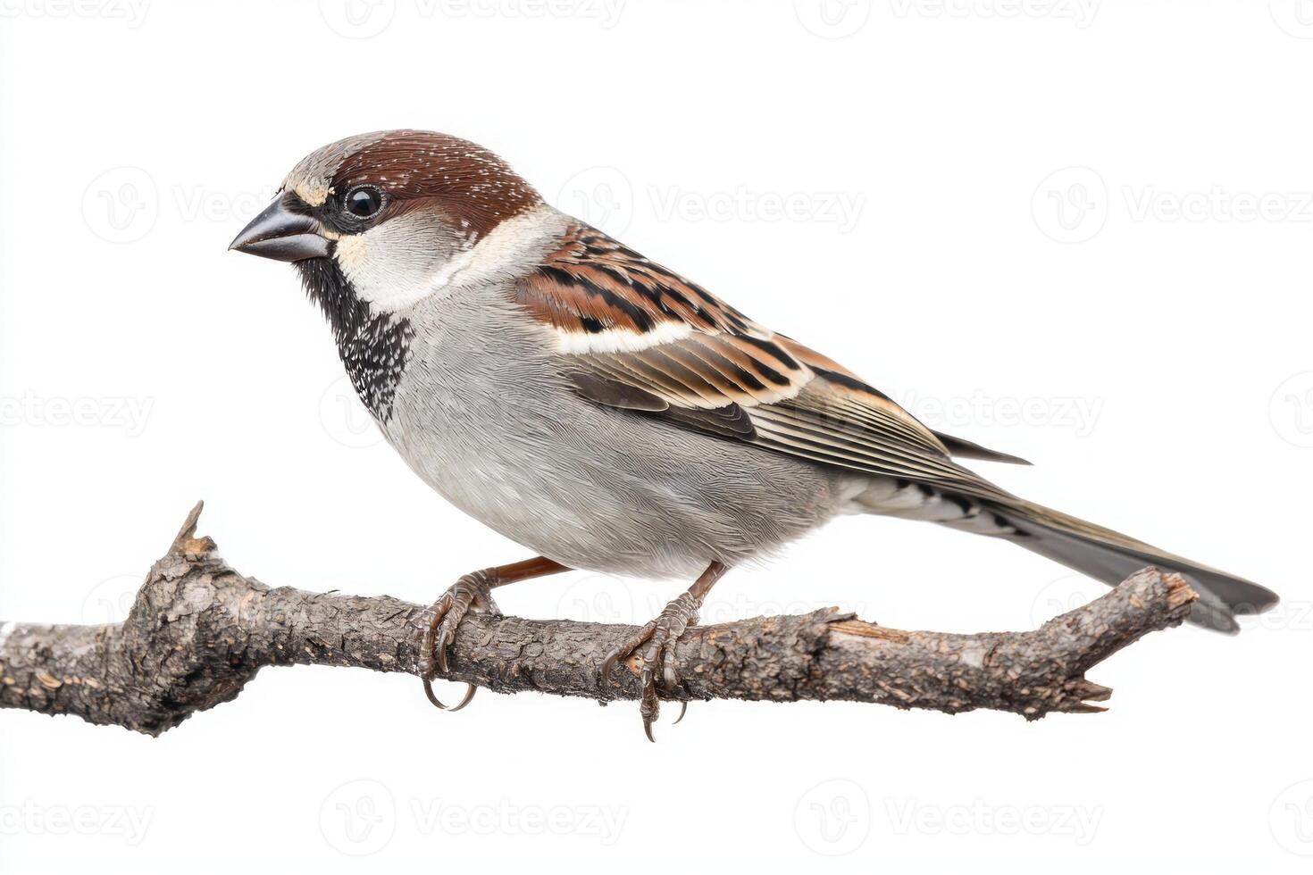 house sparrow rests on a slender branch, displaying its beautifully detailed brown and gray feathers. This charming bird captures attention against the stark white background. photo