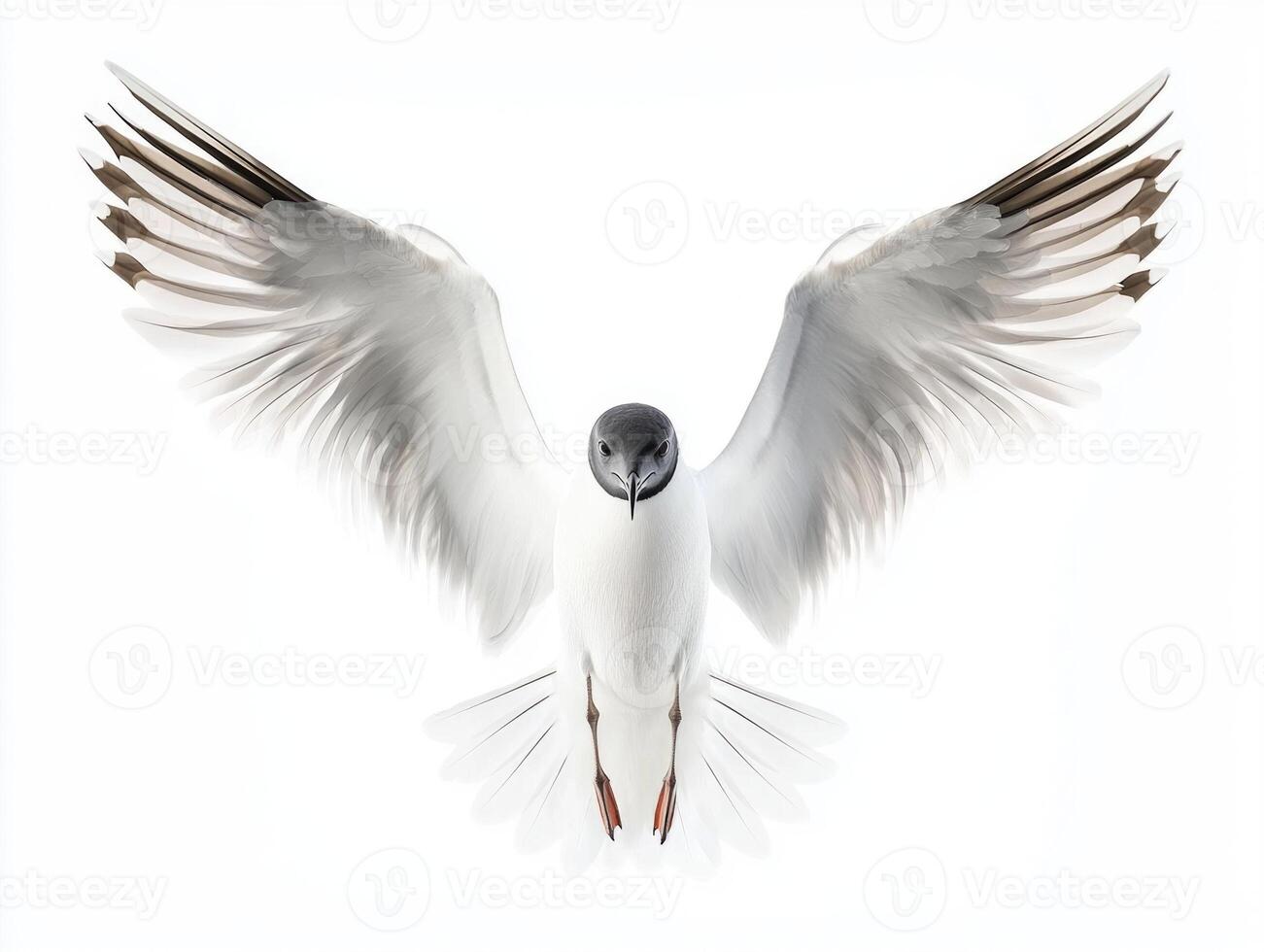 stunning bird effortlessly soars, displaying its characteristic dark head and white feathers, creating a captivating contrast against the minimalist background. photo