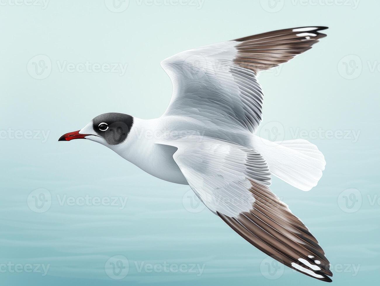stunning black-headed gull glides elegantly with its wings fully extended, displaying a striking contrast of dark head and white body against a bright background. photo