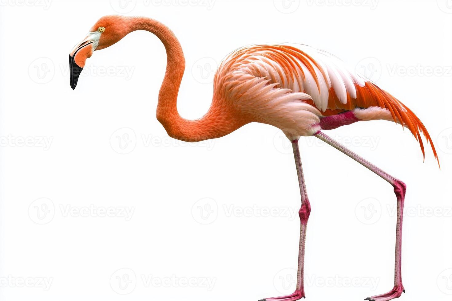majestic flamingo stands on one leg, its long neck beautifully arched, displaying a stunning array of pink and white plumage against a clean, white backdrop. photo