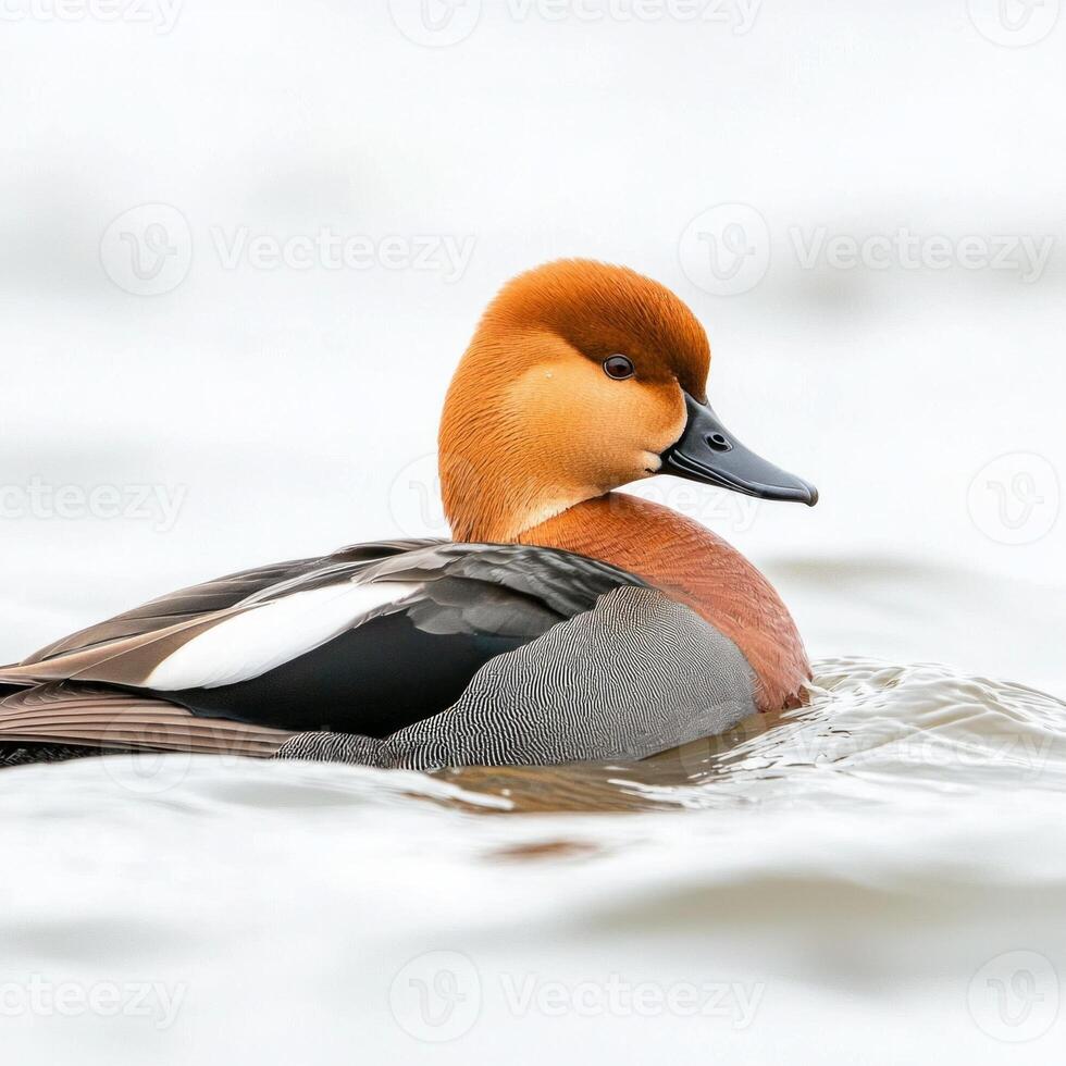 Eurasian wigeon swims serenely in calm waters, showcasing its rich brown head and distinctive white wing patches, perfectly isolated against a soft backdrop. photo