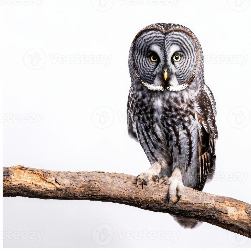 great gray owl, with its impressive round face and intricate feather patterns, stands confidently on a branch, embodying the beauty of forest wildlife. photo