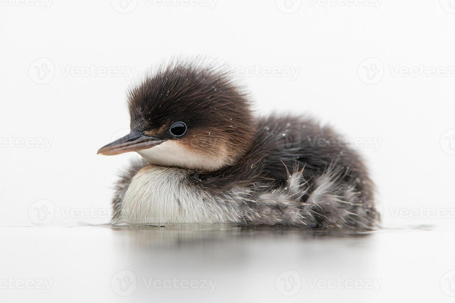 little grebe glides effortlessly through calm waters, its small, rounded body and delicate brown feathers perfectly highlighted against the tranquil white background, creating a peaceful moment. photo