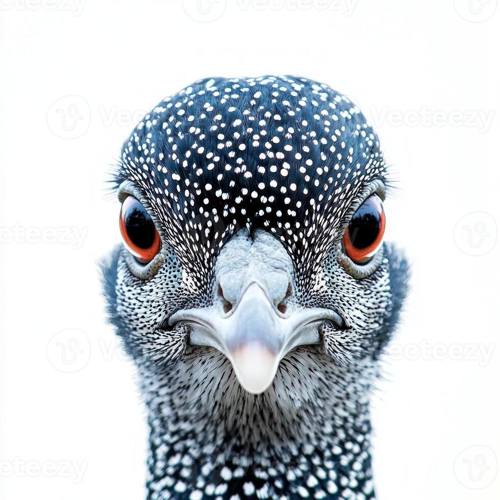 captivating close-up showcases a guineafowl with its distinctive spotted feathers and small head, set against a stark white background, highlighting its unique beauty and character. photo