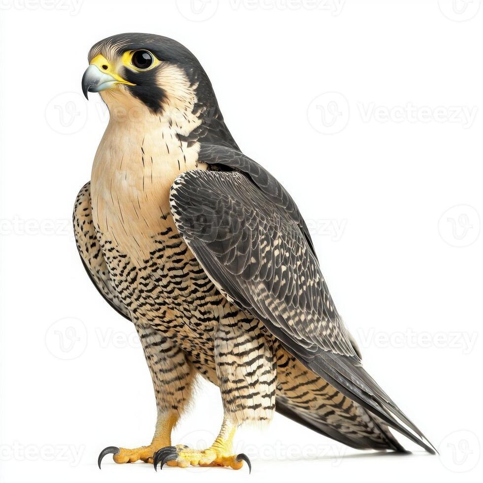 Behold a stunning peregrine falcon, poised elegantly with wings slightly open, highlighting the intricate patterns of its feathers against the pure white backdrop. photo