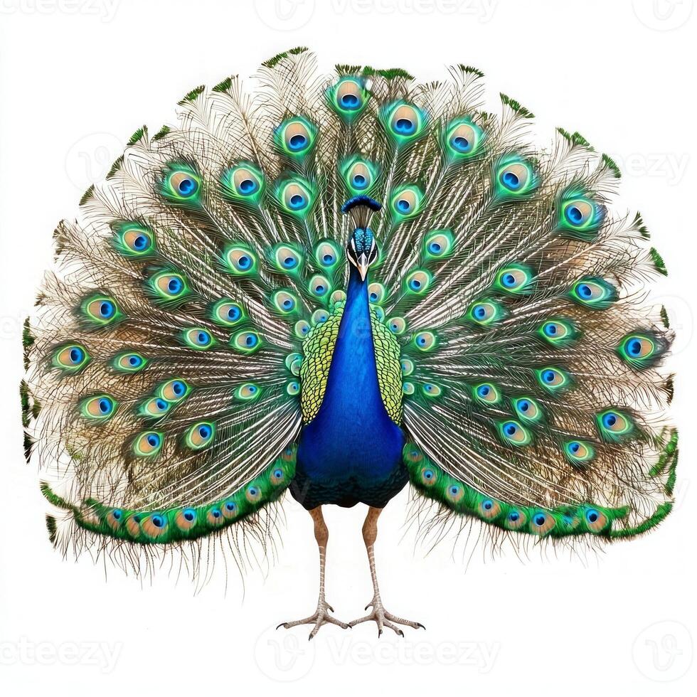 magnificent peacock proudly displays its colorful tail feathers, creating a mesmerizing fan of iridescent hues that capture the eye with elegance and charm. photo