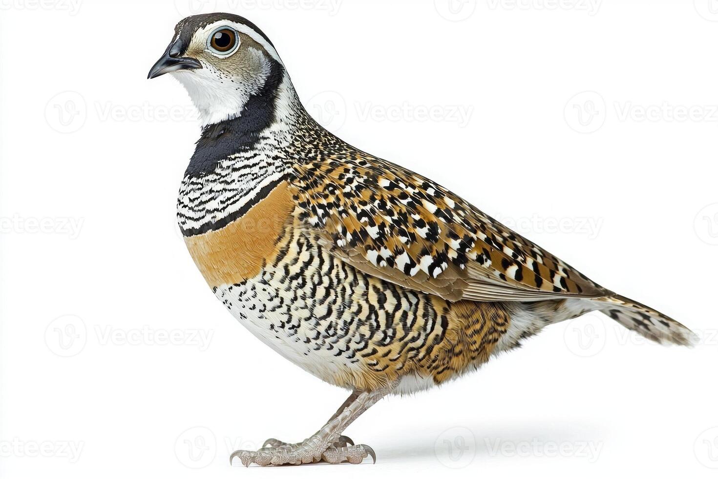 northern bobwhite quail, with its intricate spotted feathers, stands elegantly on the ground. The vibrant colors and unique markings make it a striking subject against the white backdrop. photo