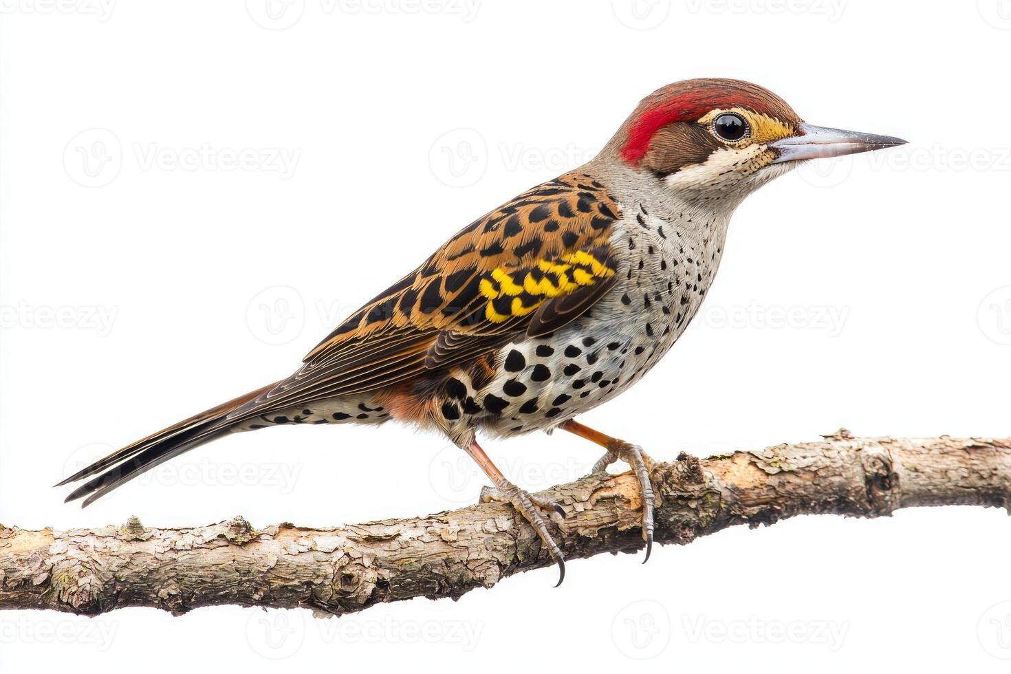northern flicker stands gracefully on a branch, displaying its intricate brown and black-spotted feathers, vividly contrasting with a clear white background, symbolizing nature's beauty. photo