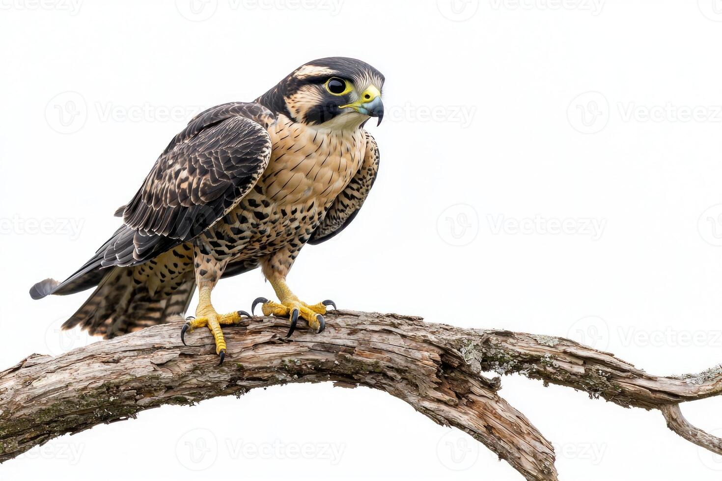 Perched elegantly on a branch, the peregrine falcon displays its distinctive features, including sharp talons and a hooked beak, highlighting its natural beauty and hunting prowess. photo