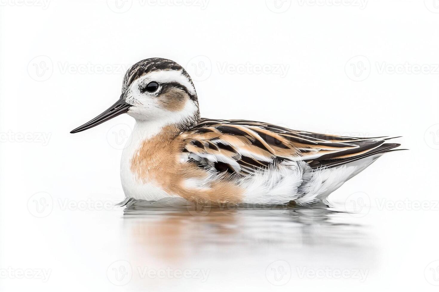 vibrant red phalarope glides effortlessly on still water, its rounded body reflecting the soft hues of twilight, isolated against a gentle white background. photo