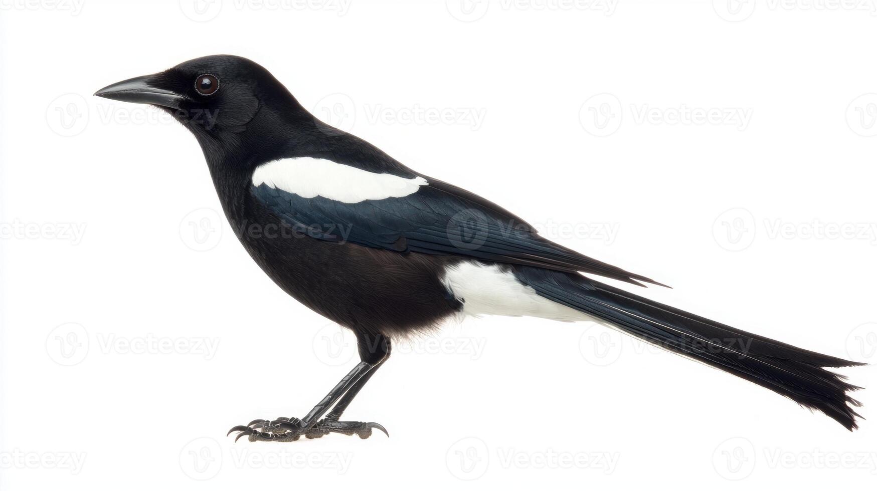 elegant black-billed magpie showcases its distinctive black-and-white feathers and impressive long tail, standing proudly on a clean white background, highlighting its beauty. photo