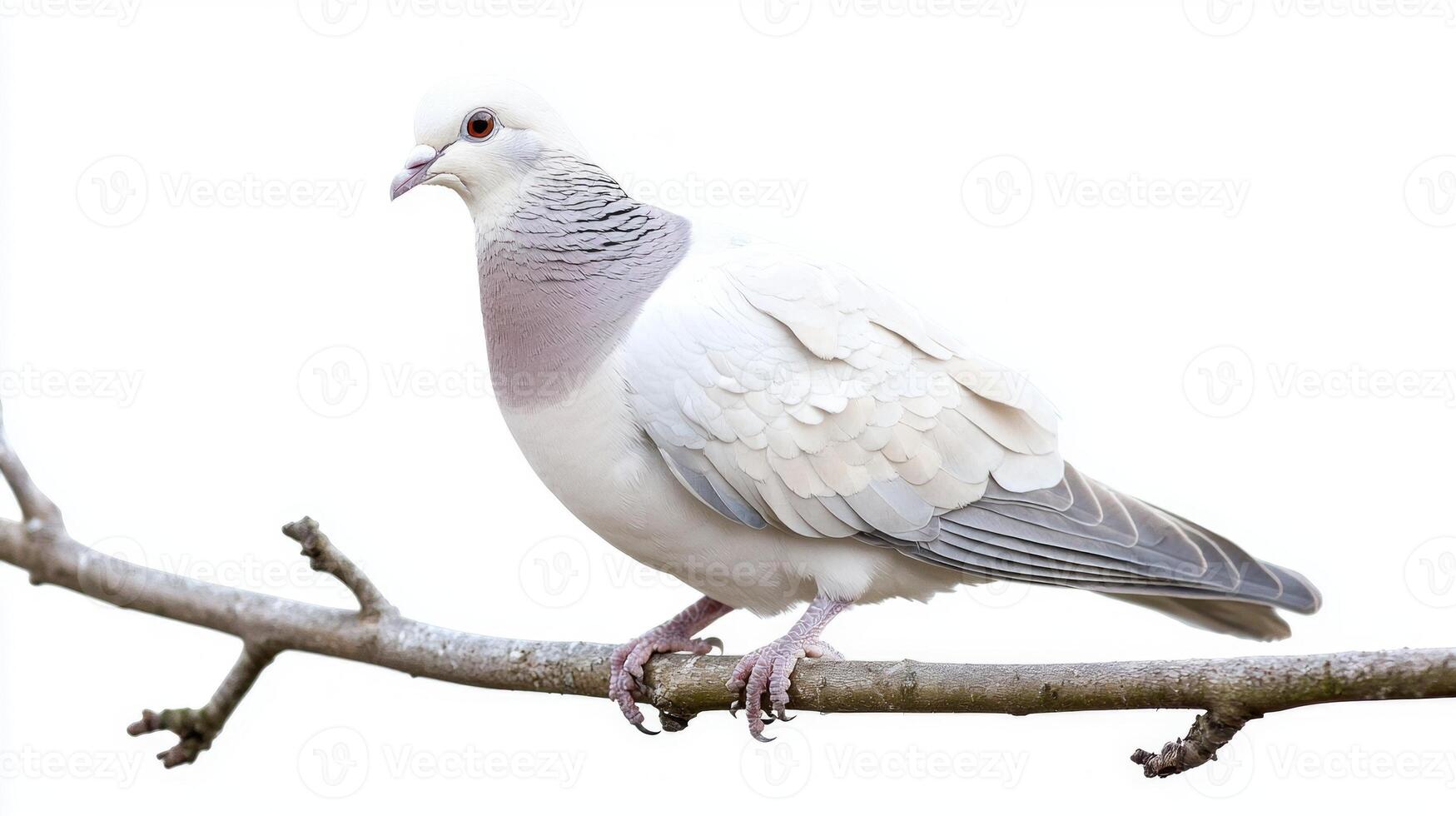 collared dove rests peacefully on a slender branch, its soft grey feathers beautifully contrasting with the pure white background, exuding tranquility and elegance. photo