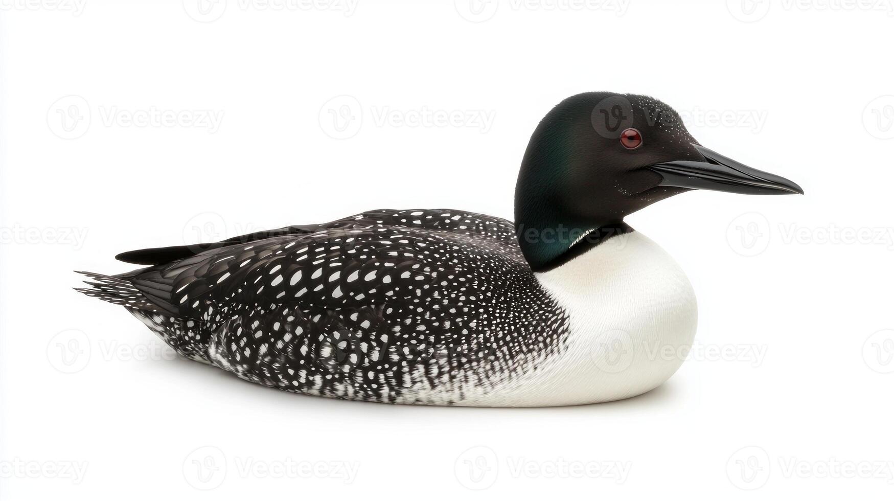 common loon rests peacefully on calm water, displaying its characteristic black-and-white feathers. This aquatic bird captures the essence of serene natural beauty. photo
