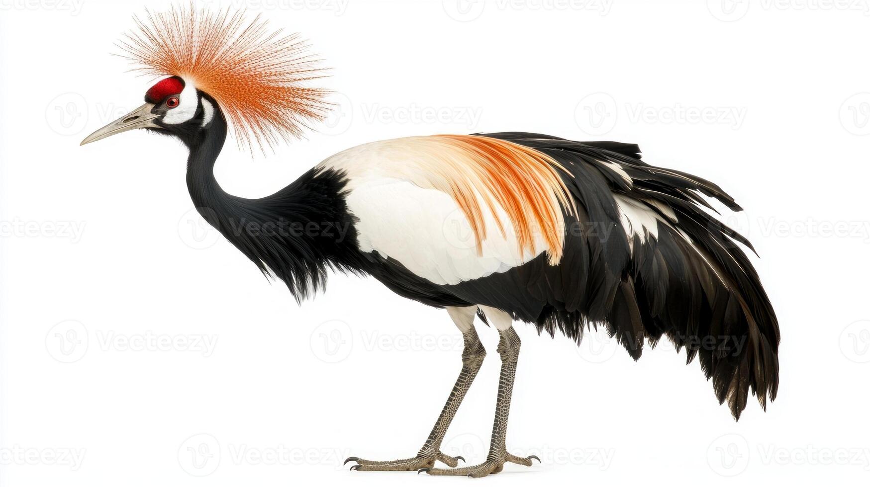 stunning crested crane stands tall, its vibrant feather crown radiating in all directions. This majestic bird displays elegance with its slender neck and rich plumage along a clean, white canvas. photo