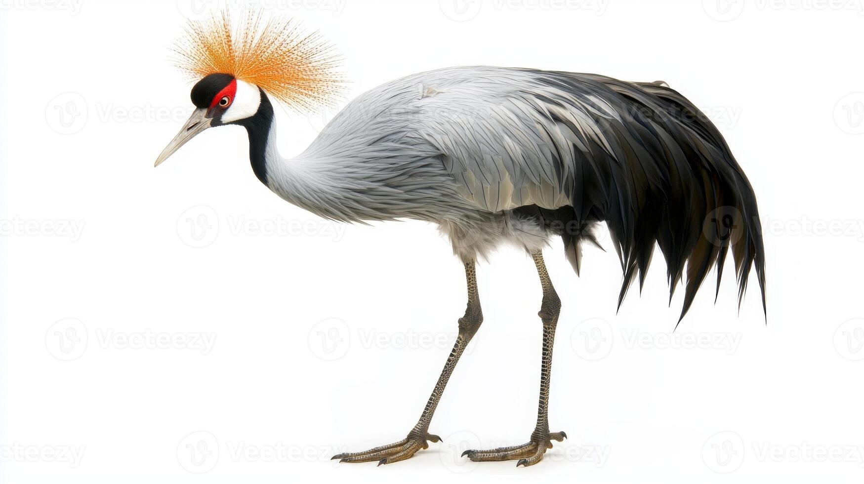 stunning crested crane stands tall, its slender neck and vibrant feather crown creating a striking contrast against the white background, exuding beauty and poise. photo