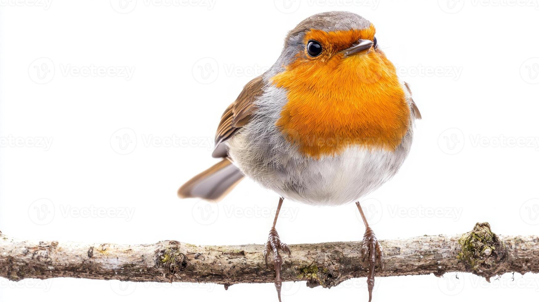 European robin stands proudly on a delicate branch, its bright orange chest contrasting beautifully with the minimalist white background, embodying the essence of woodland beauty. photo