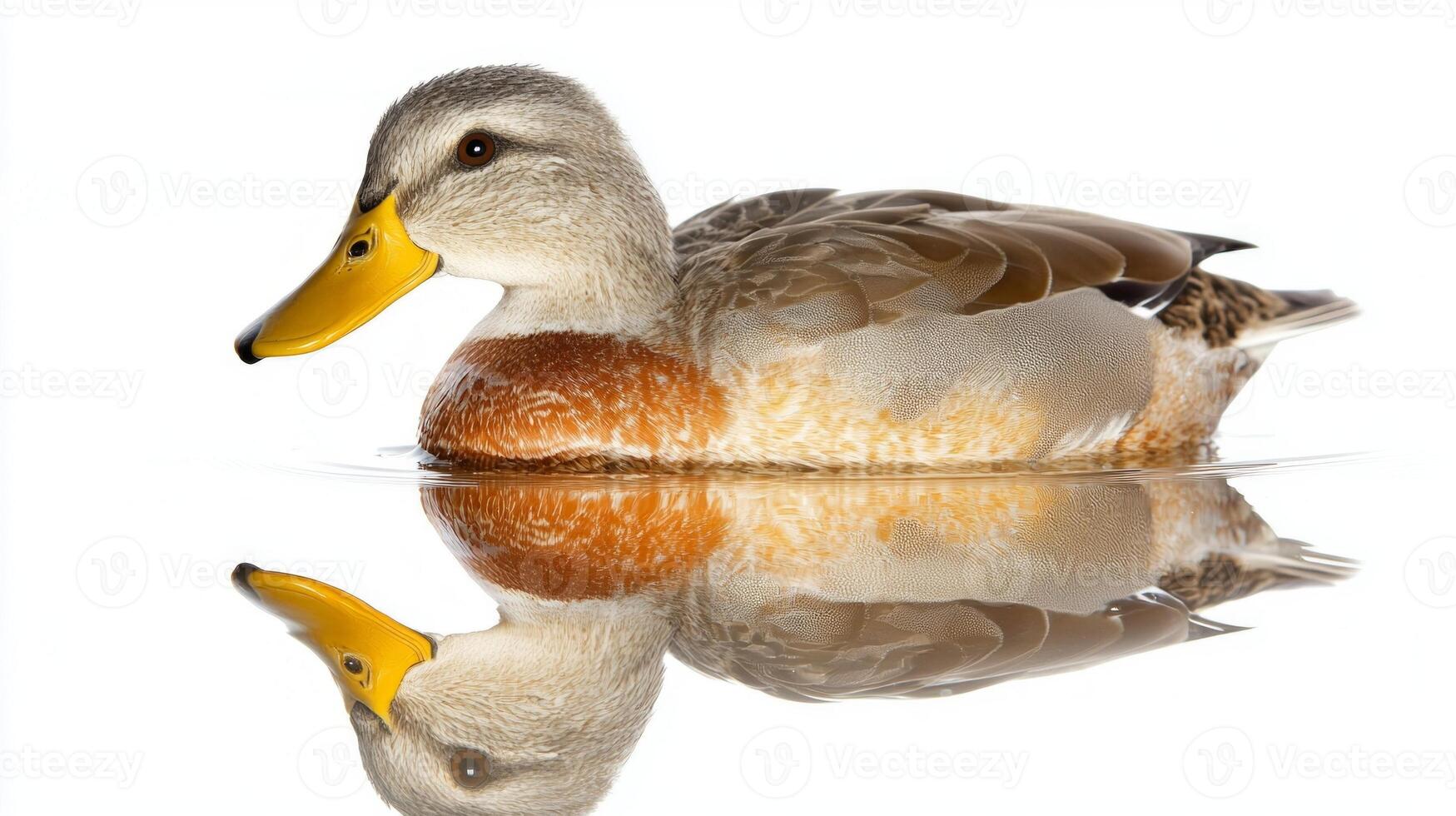 gadwall drifts serenely on calm water, displaying its unique gray and brown feathers. The stillness emphasizes its graceful presence and vivid colors, creating a peaceful ambiance. photo