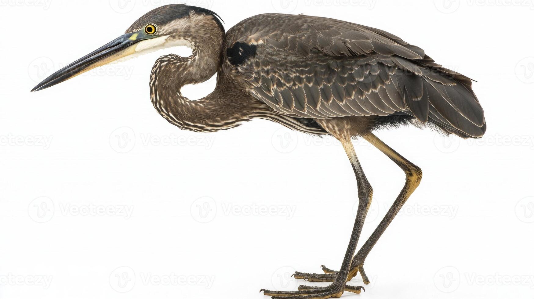 magnificent great blue heron stands tall with its long legs and neck extended, exuding grace and poise on a clean white background, emphasizing its natural elegance. photo