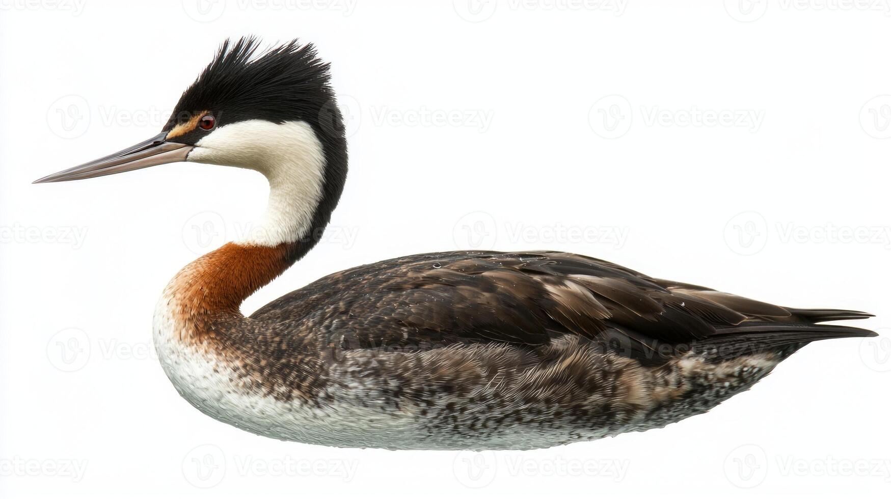great crested grebe glides smoothly through the water, its distinctive dark crest and elongated neck highlighted against an immaculate white background, exemplifying beauty and grace. photo