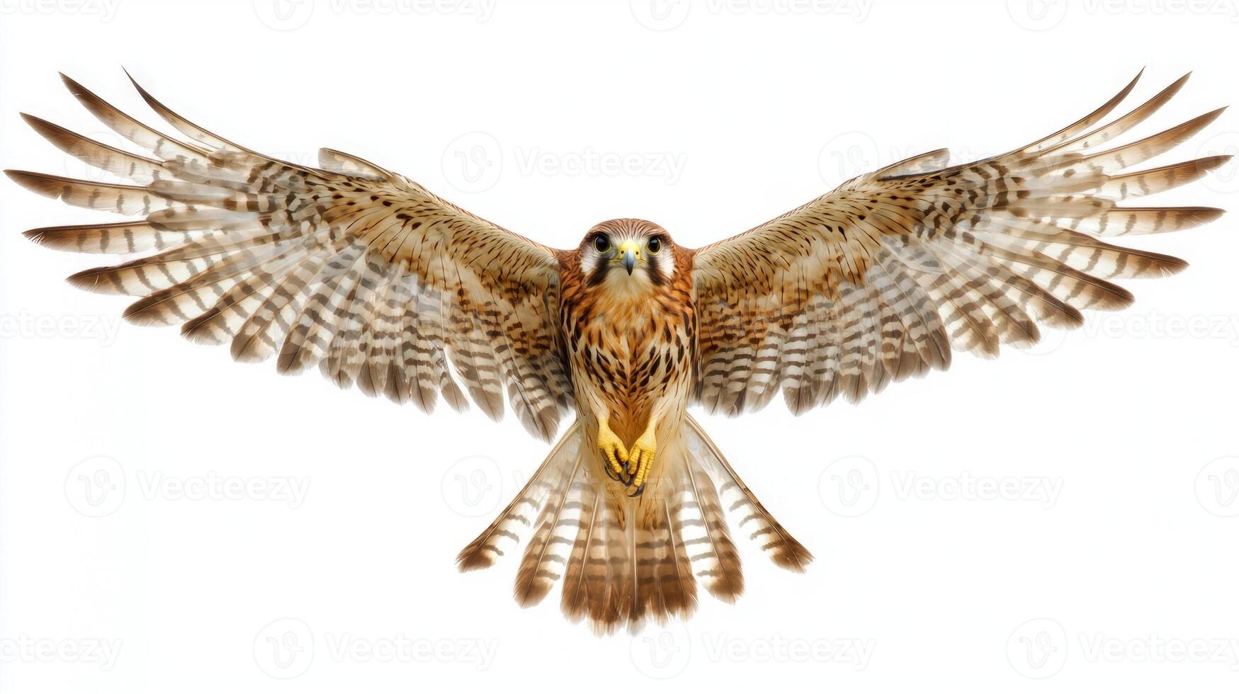 Suspended in the air, a stunning kestrel holds its wings perfectly still, displaying intricate feather patterns while searching for prey, all against a clean white background. photo