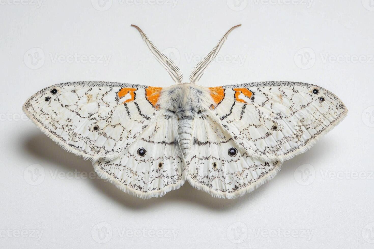 lace moth rests peacefully with its wings intricately folded along its back, revealing stunning patterns and hues, all set against a pristine white background. photo