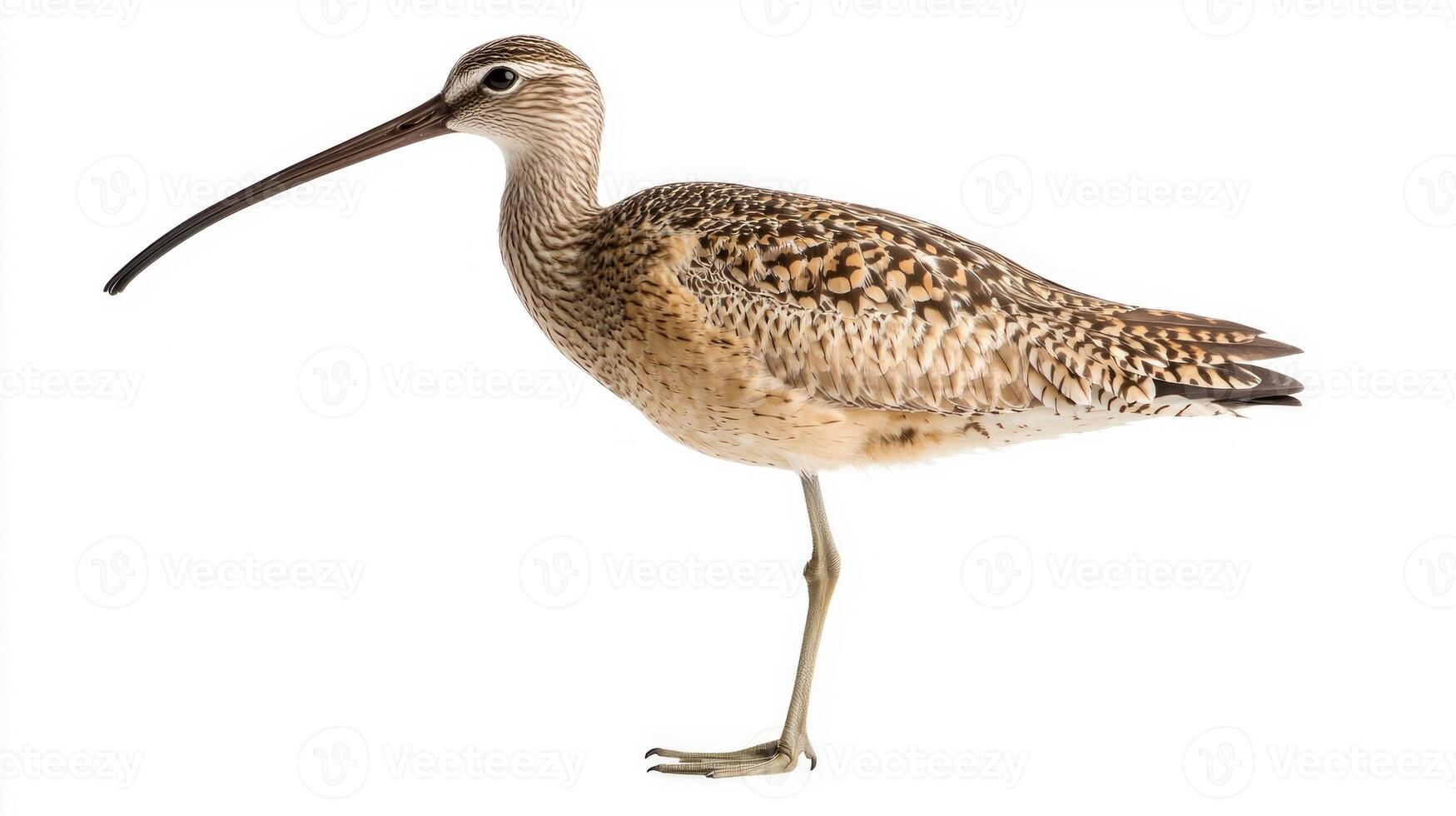 long-billed curlew elegantly stands in shallow water, highlighting its distinct, curved beak and stunning plumage, set against a clean, white backdrop. photo
