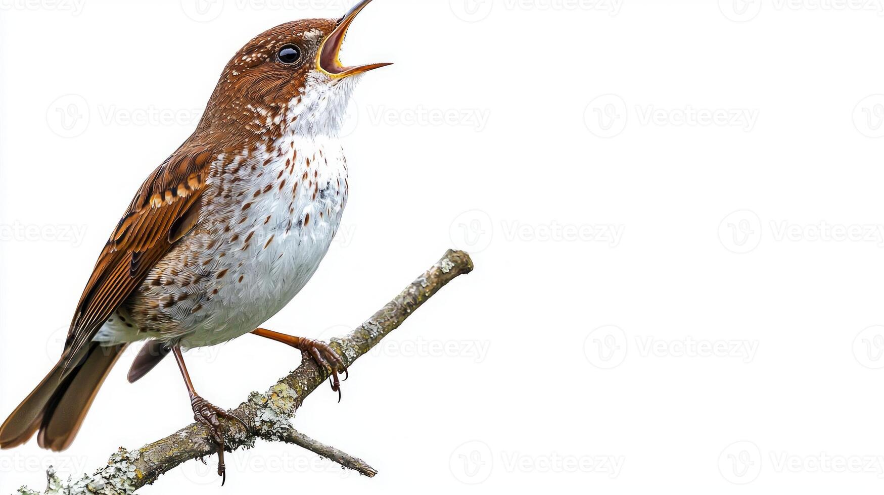 nightingale, with its beak wide open, fills the air with enchanting melodies while sitting gracefully on a branch, surrounded by a pure white backdrop. photo