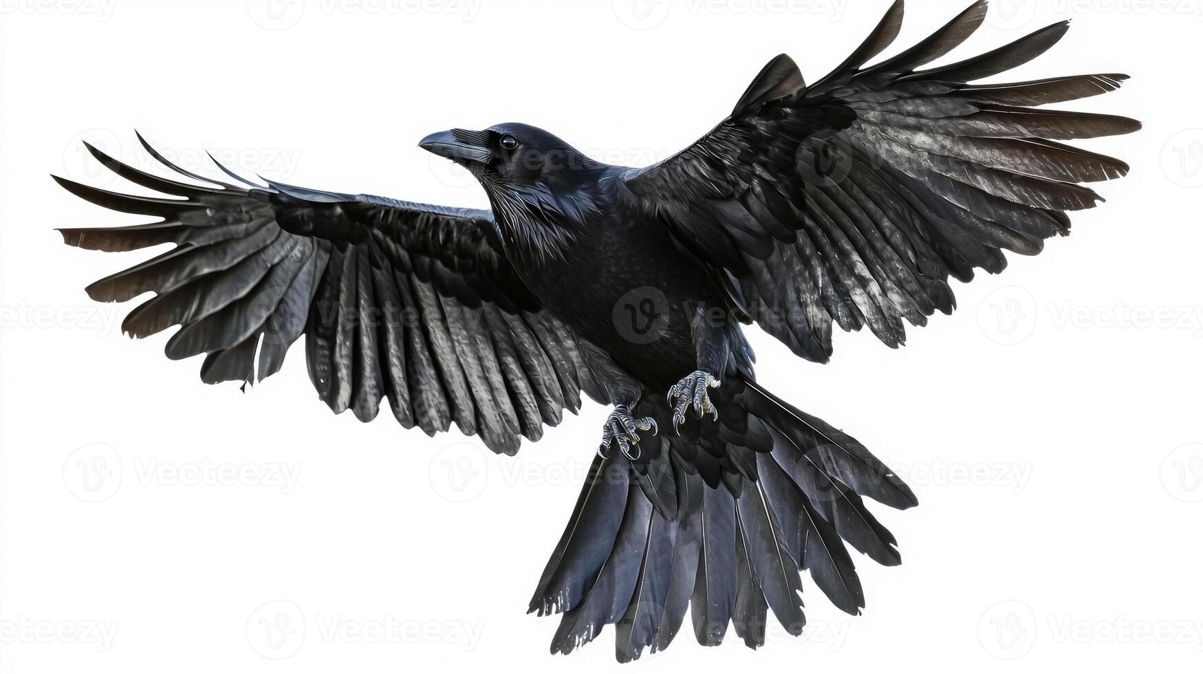 striking raven glides gracefully through the air, wings fully extended in a display of elegance and power. Its feathers catch the light, showcasing a stunning silhouette. photo