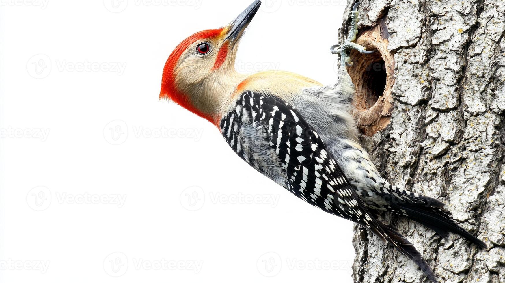 striking red-bellied woodpecker clings to the rough bark of a tree, its brilliant red crown standing out against the pure white backdrop. The bird exhibits its unique markings and behavior. photo